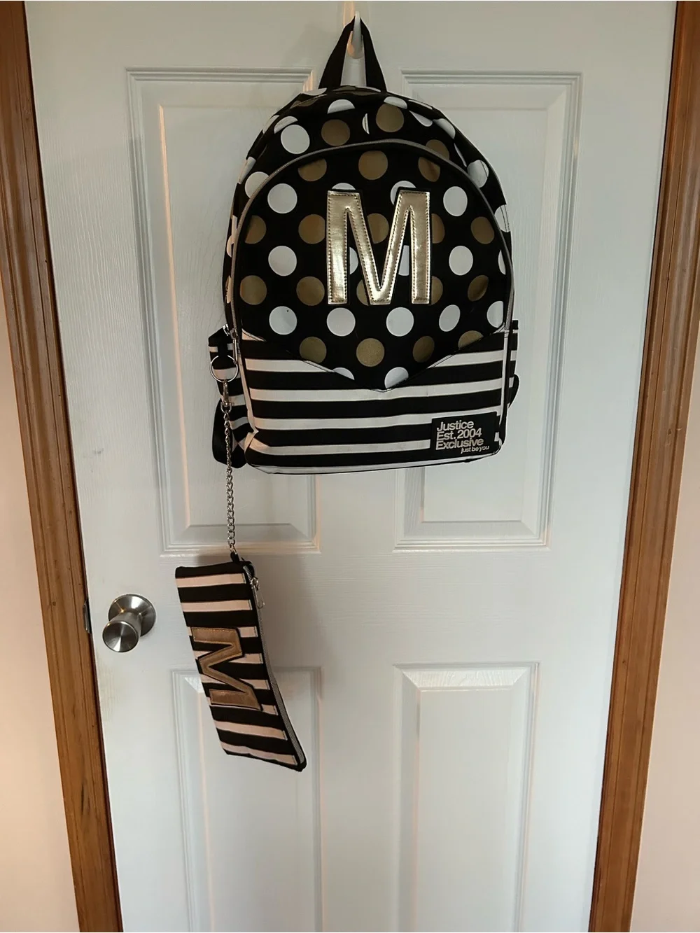 Justice Black, White & Gold Polka Dot Backpack with Metallic M